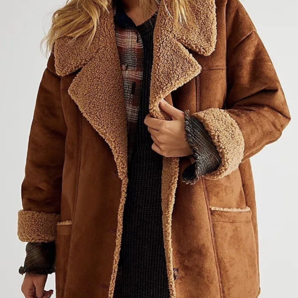 Free People Chestnut Brown Teddy-Trim Shearling Jacket